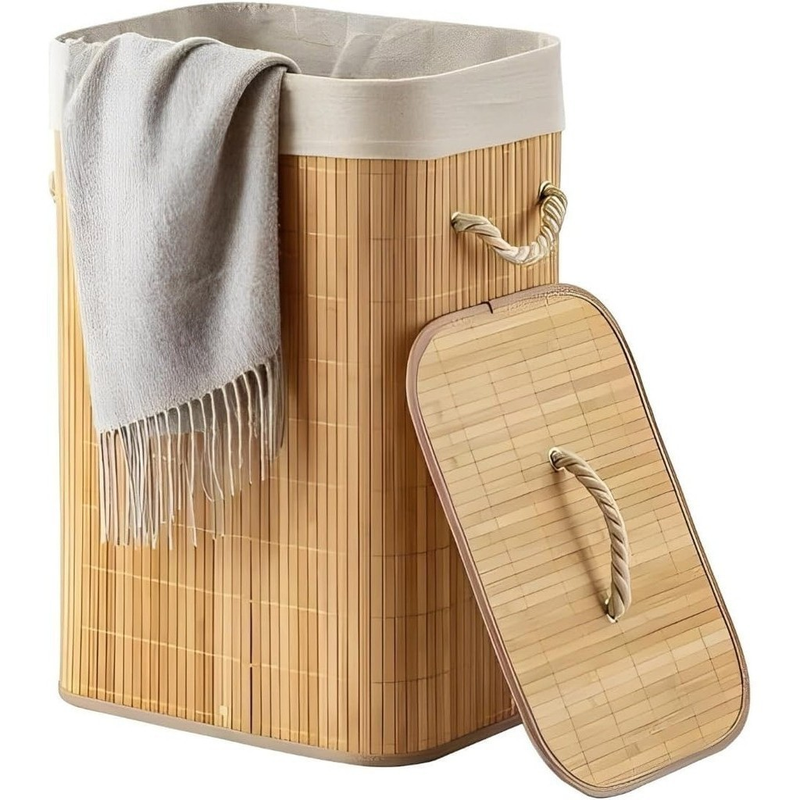 Cesto De Roupa de Bambu Dobravel Organizador 60Litros Forrado Banheiro 60cm Grande Cesto Retangular